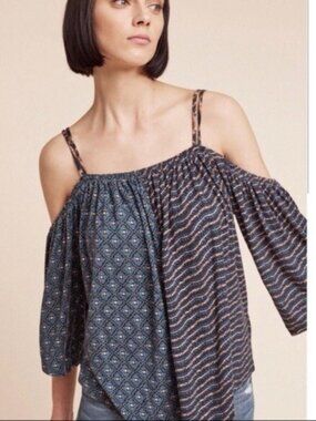 Deletta Anthropologie Reeve Navy Floral Striped Cold Shoulder Swing Cami Top SM